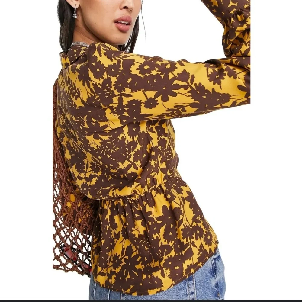 Top Shop Floral Jacquard Top Golden Yellow & Brown - Picture 13 of 15